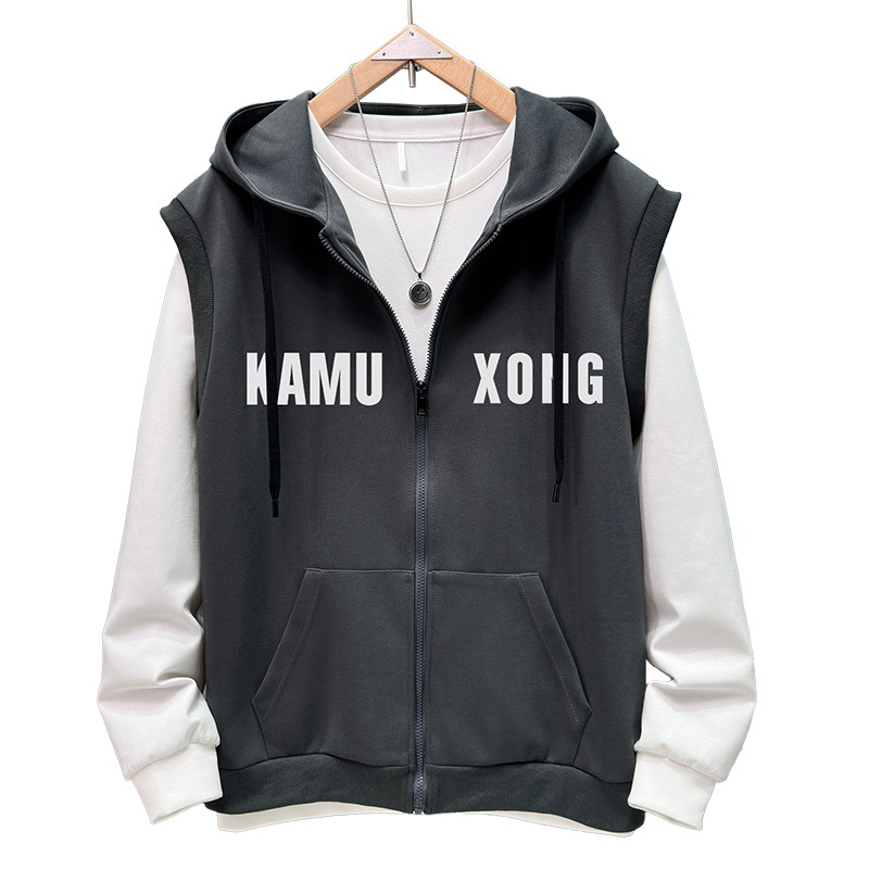 Vīriešu rudens plus izmēra divdaļīgs komplekts: brīvas bikses, kapucēta vestes bez piedurknēm un bez piedurknēm kardigāns, kokvilnas-poliestera materiāls