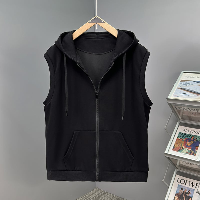 Vīriešu rudens plus izmēra divdaļīgs komplekts: brīvas bikses, kapucēta vestes bez piedurknēm un bez piedurknēm kardigāns, kokvilnas-poliestera materiāls