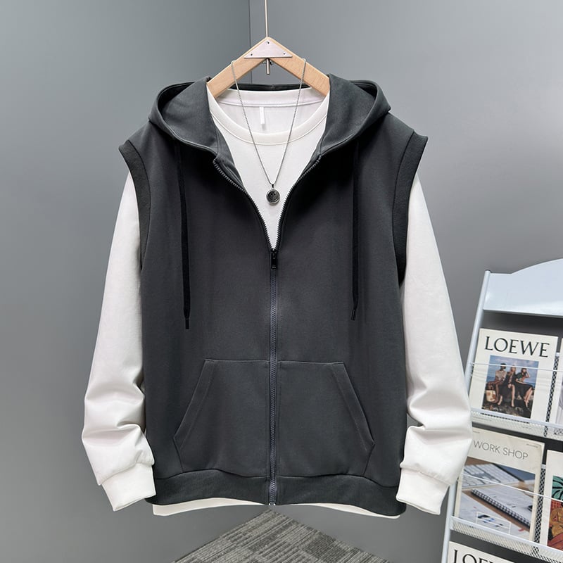 Vīriešu rudens plus izmēra divdaļīgs komplekts: brīvas bikses, kapucēta vestes bez piedurknēm un bez piedurknēm kardigāns, kokvilnas-poliestera materiāls