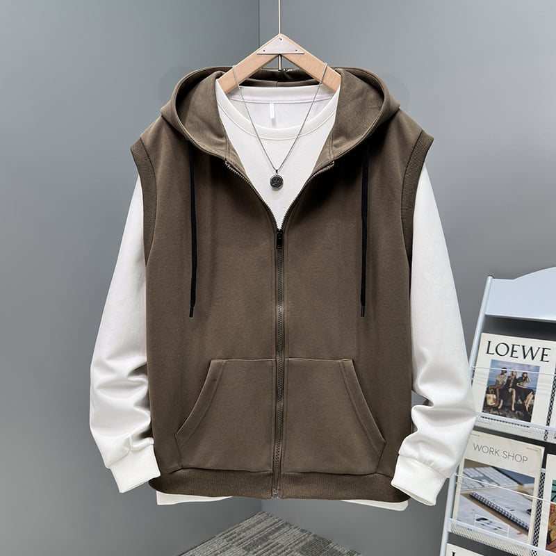 Vīriešu rudens plus izmēra divdaļīgs komplekts: brīvas bikses, kapucēta vestes bez piedurknēm un bez piedurknēm kardigāns, kokvilnas-poliestera materiāls