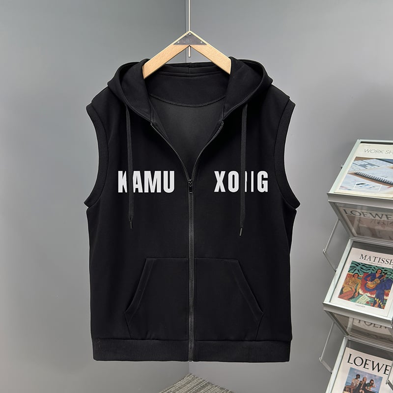 Vīriešu rudens plus izmēra divdaļīgs komplekts: brīvas bikses, kapucēta vestes bez piedurknēm un bez piedurknēm kardigāns, kokvilnas-poliestera materiāls