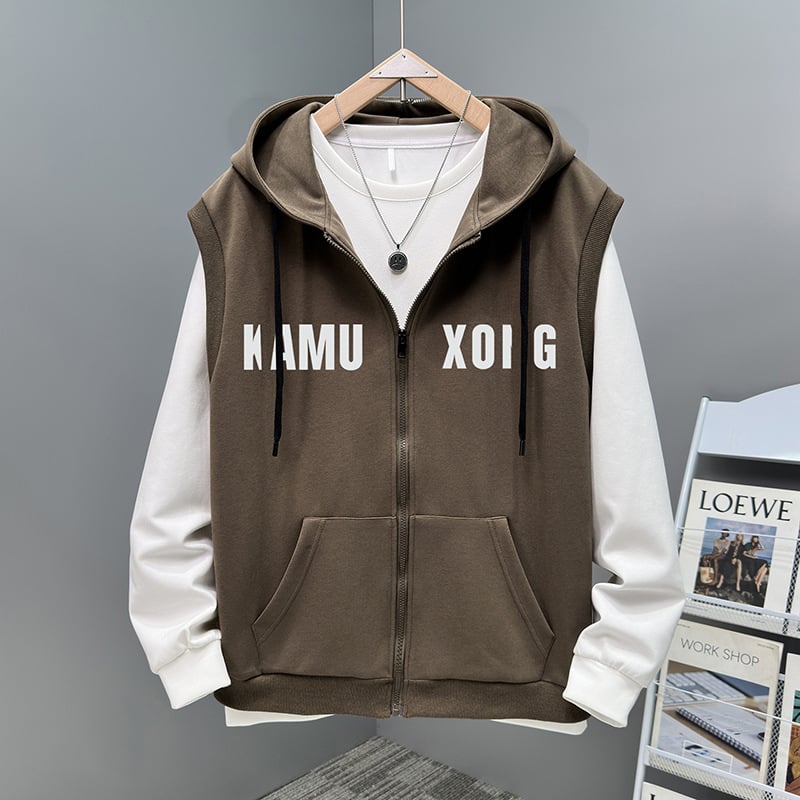 Vīriešu rudens plus izmēra divdaļīgs komplekts: brīvas bikses, kapucēta vestes bez piedurknēm un bez piedurknēm kardigāns, kokvilnas-poliestera materiāls