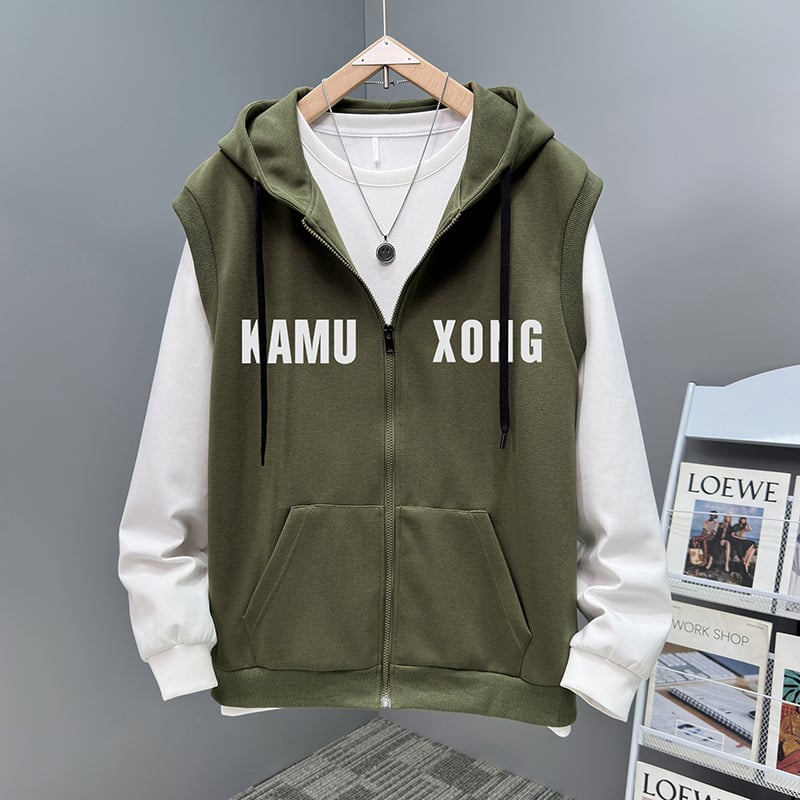 Vīriešu rudens plus izmēra divdaļīgs komplekts: brīvas bikses, kapucēta vestes bez piedurknēm un bez piedurknēm kardigāns, kokvilnas-poliestera materiāls