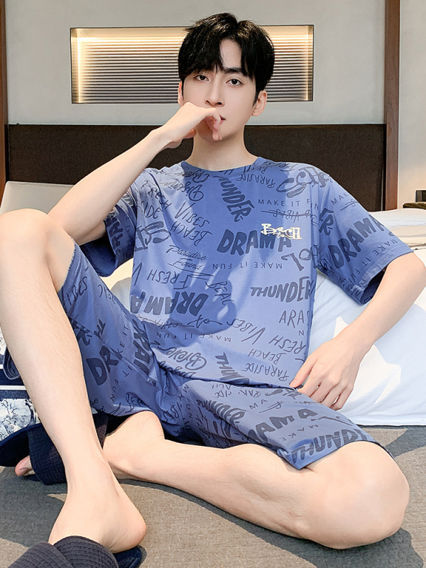 Muški set pidžama, okrugli ovratnik, 100% pamuk, srednja težina tkanine 181–200 g/m², jednostavan ležeran stil