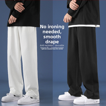 Vyrų kasdienės kelnės, laisvo tiesaus kirpimo, liemuo su diržu, kvėpuojantis medvilnės audinys, vientisas raštas, korėjietiško stiliaus pagrindas