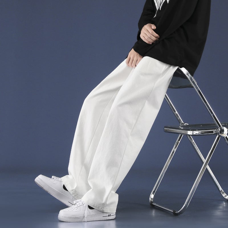 Vyrų kasdienės kelnės, laisvo tiesaus kirpimo, liemuo su diržu, kvėpuojantis medvilnės audinys, vientisas raštas, korėjietiško stiliaus pagrindas