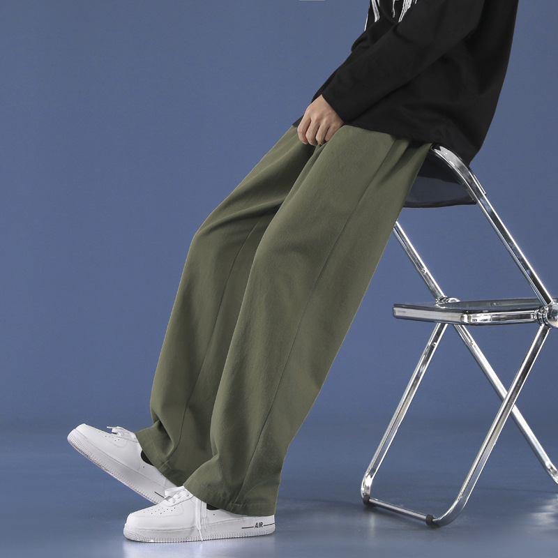 Vyrų kasdienės kelnės, laisvo tiesaus kirpimo, liemuo su diržu, kvėpuojantis medvilnės audinys, vientisas raštas, korėjietiško stiliaus pagrindas