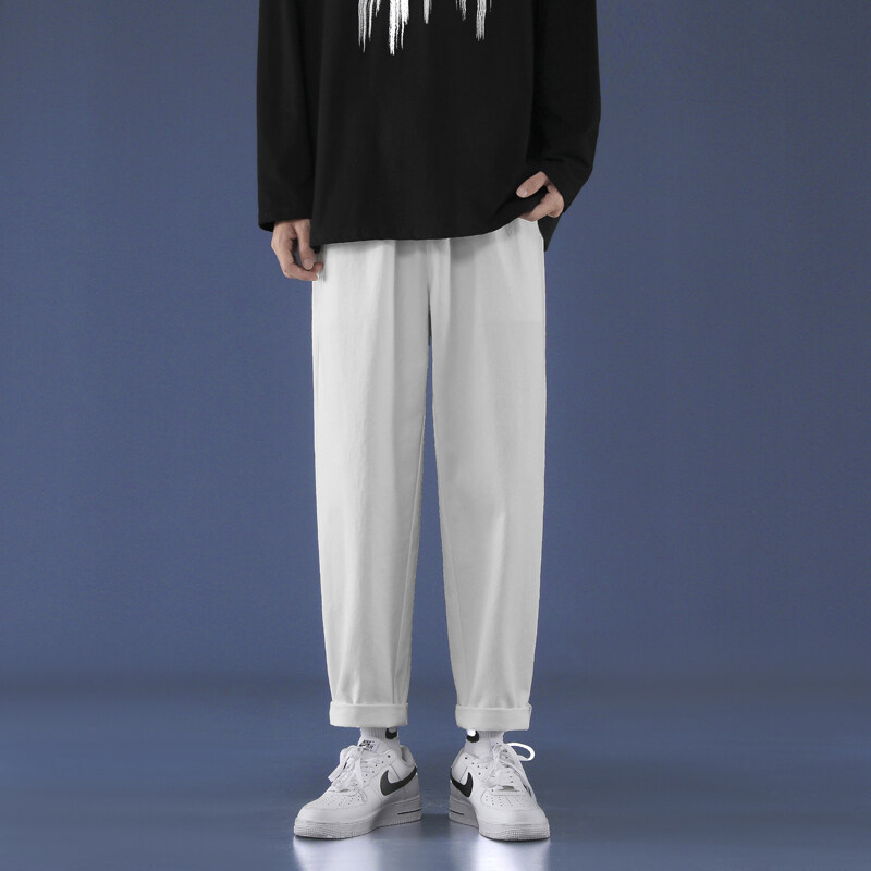 Vyrų kasdienės kelnės, laisvo tiesaus kirpimo, liemuo su diržu, kvėpuojantis medvilnės audinys, vientisas raštas, korėjietiško stiliaus pagrindas