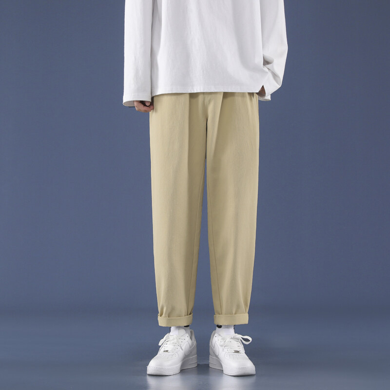 Vyrų kasdienės kelnės, laisvo tiesaus kirpimo, liemuo su diržu, kvėpuojantis medvilnės audinys, vientisas raštas, korėjietiško stiliaus pagrindas