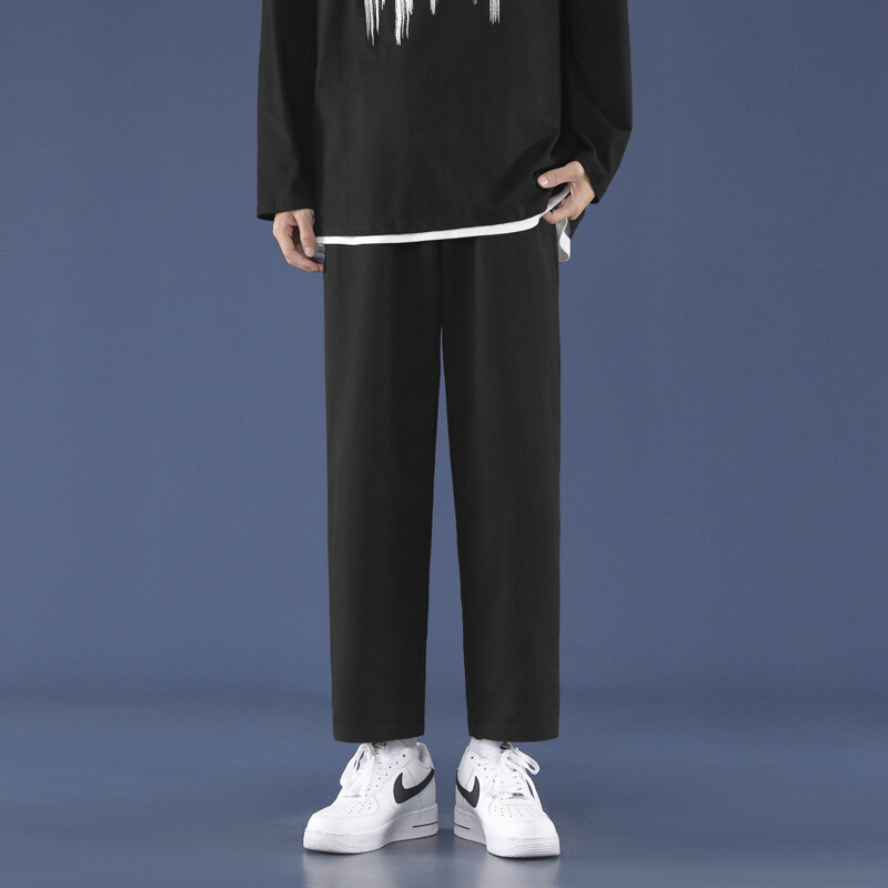 Vyrų kasdienės kelnės, laisvo tiesaus kirpimo, liemuo su diržu, kvėpuojantis medvilnės audinys, vientisas raštas, korėjietiško stiliaus pagrindas