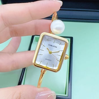 SUNLIFEX Sieviešu pulkstenis ar pērļu rokassprādzi, taisnstūra ciparnīca, kvarca mehānisms, ūdensizturība 10 m, modelis Slf250610002
