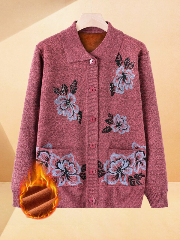 Πλεκτός γυναικείος cardigan για γυναίκες μέσης και μεγαλύτερης ηλικίας, με φλις επένδυση και παχιά κατασκευή, πολυεστερικό εξωτερικό ύφασμα – φθινοπωρινό-χειμερινό ένδυμα