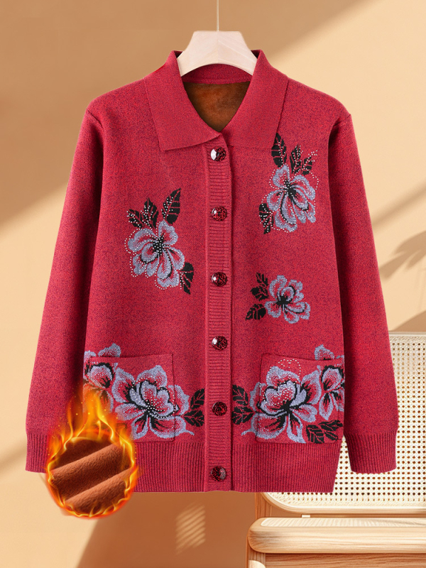 Πλεκτός γυναικείος cardigan για γυναίκες μέσης και μεγαλύτερης ηλικίας, με φλις επένδυση και παχιά κατασκευή, πολυεστερικό εξωτερικό ύφασμα – φθινοπωρινό-χειμερινό ένδυμα