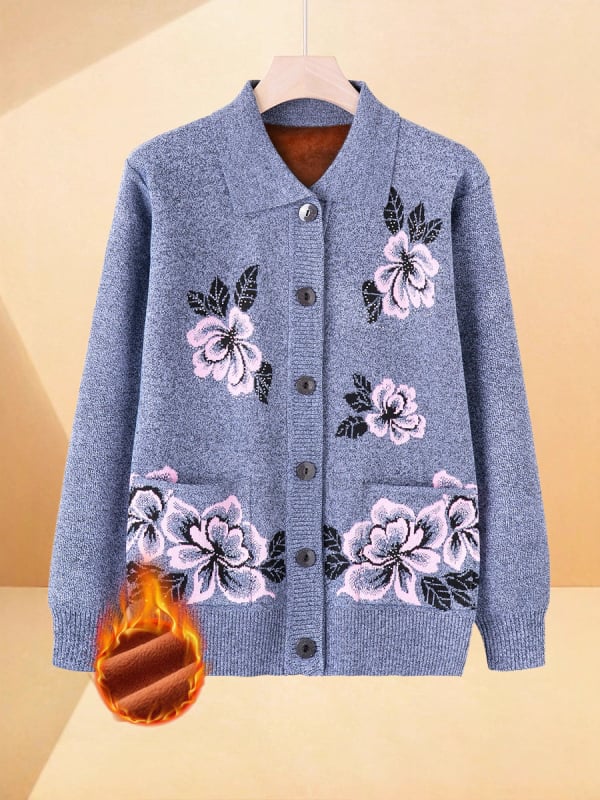 Πλεκτός γυναικείος cardigan για γυναίκες μέσης και μεγαλύτερης ηλικίας, με φλις επένδυση και παχιά κατασκευή, πολυεστερικό εξωτερικό ύφασμα – φθινοπωρινό-χειμερινό ένδυμα