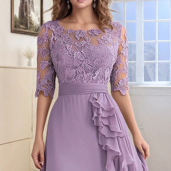 Δαντελένιο βραδινό φόρεμα, ντεκολτέ ενός ώμου, κοντά μανίκια, μακρύ φόρεμα σε γραμμή Α, ψηλή μέση, πολυεστέρας