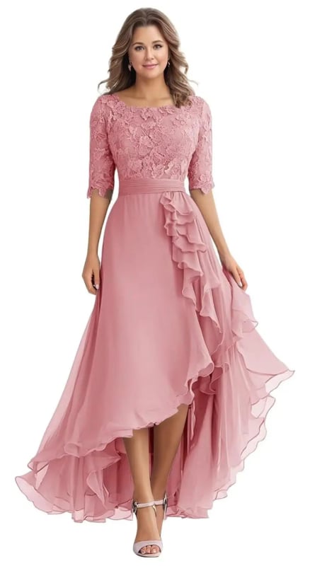 Δαντελένιο βραδινό φόρεμα, ντεκολτέ ενός ώμου, κοντά μανίκια, μακρύ φόρεμα σε γραμμή Α, ψηλή μέση, πολυεστέρας