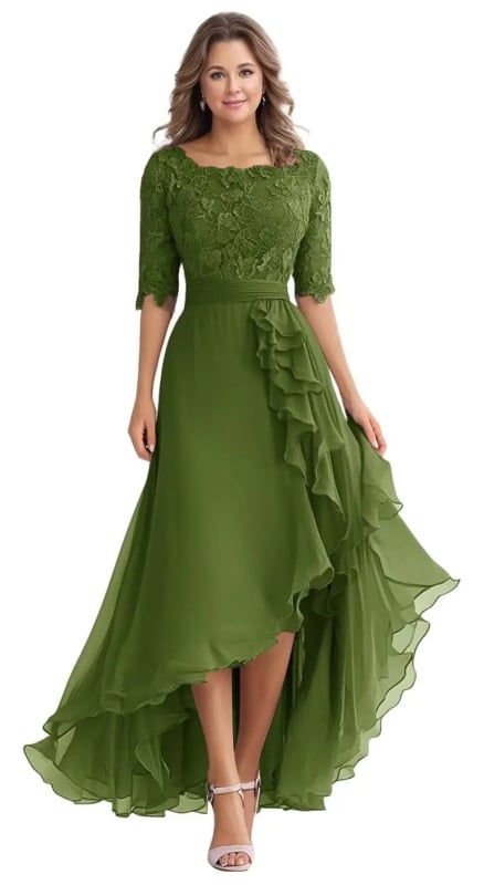 Δαντελένιο βραδινό φόρεμα, ντεκολτέ ενός ώμου, κοντά μανίκια, μακρύ φόρεμα σε γραμμή Α, ψηλή μέση, πολυεστέρας