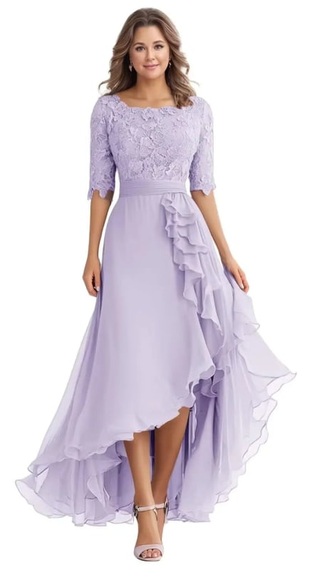 Δαντελένιο βραδινό φόρεμα, ντεκολτέ ενός ώμου, κοντά μανίκια, μακρύ φόρεμα σε γραμμή Α, ψηλή μέση, πολυεστέρας