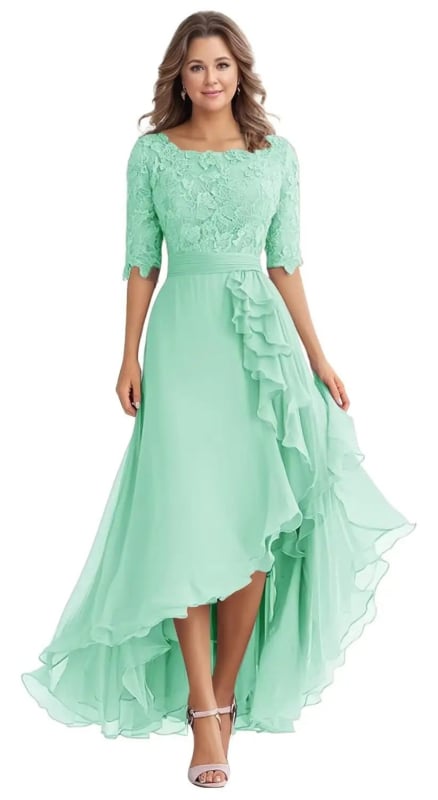 Δαντελένιο βραδινό φόρεμα, ντεκολτέ ενός ώμου, κοντά μανίκια, μακρύ φόρεμα σε γραμμή Α, ψηλή μέση, πολυεστέρας