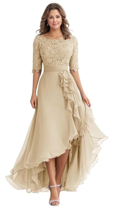 Δαντελένιο βραδινό φόρεμα, ντεκολτέ ενός ώμου, κοντά μανίκια, μακρύ φόρεμα σε γραμμή Α, ψηλή μέση, πολυεστέρας