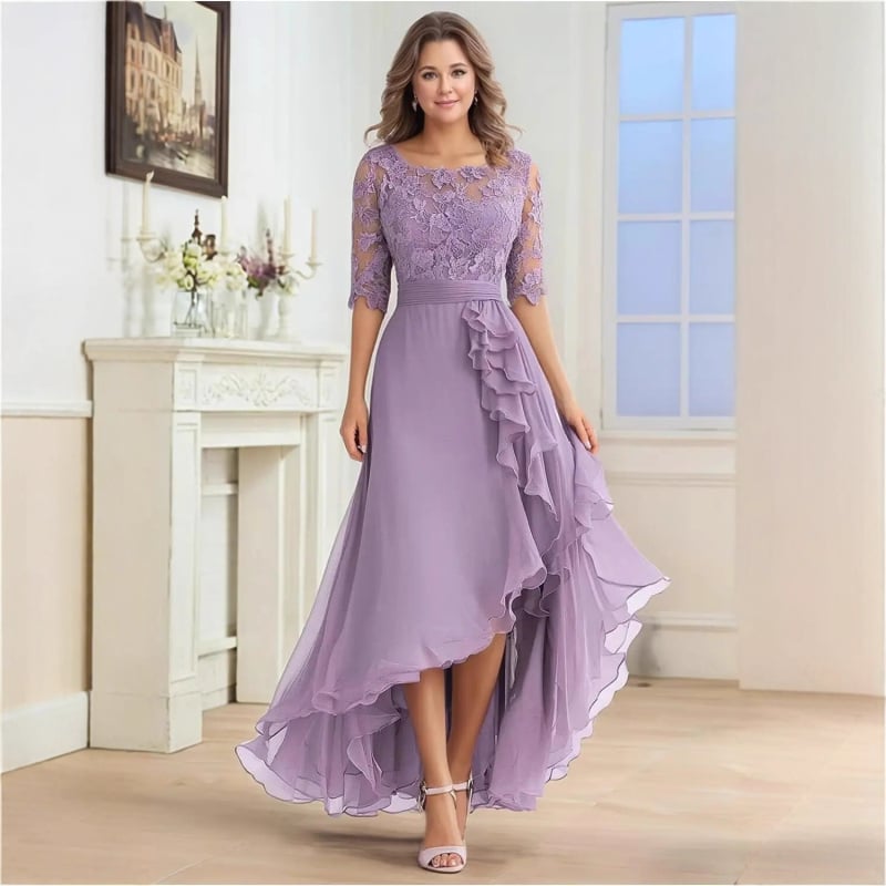 Δαντελένιο βραδινό φόρεμα, ντεκολτέ ενός ώμου, κοντά μανίκια, μακρύ φόρεμα σε γραμμή Α, ψηλή μέση, πολυεστέρας