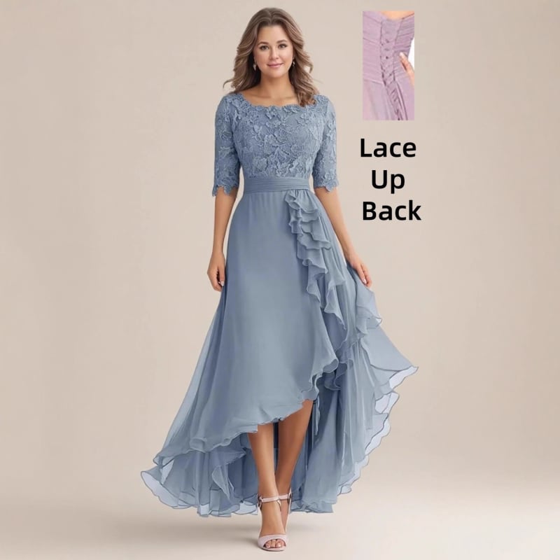 Δαντελένιο βραδινό φόρεμα, ντεκολτέ ενός ώμου, κοντά μανίκια, μακρύ φόρεμα σε γραμμή Α, ψηλή μέση, πολυεστέρας