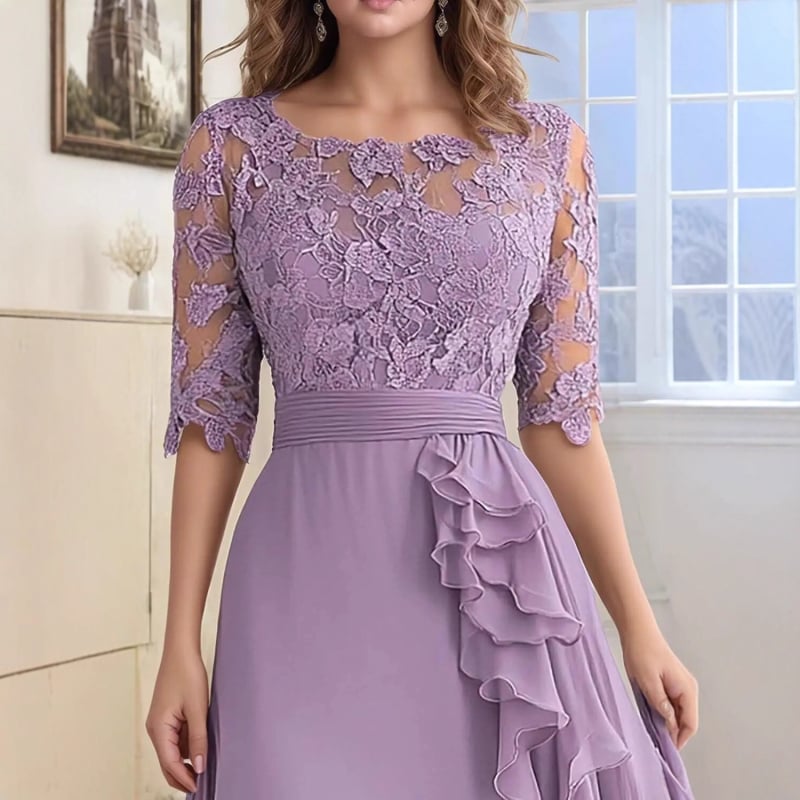 Δαντελένιο βραδινό φόρεμα, ντεκολτέ ενός ώμου, κοντά μανίκια, μακρύ φόρεμα σε γραμμή Α, ψηλή μέση, πολυεστέρας