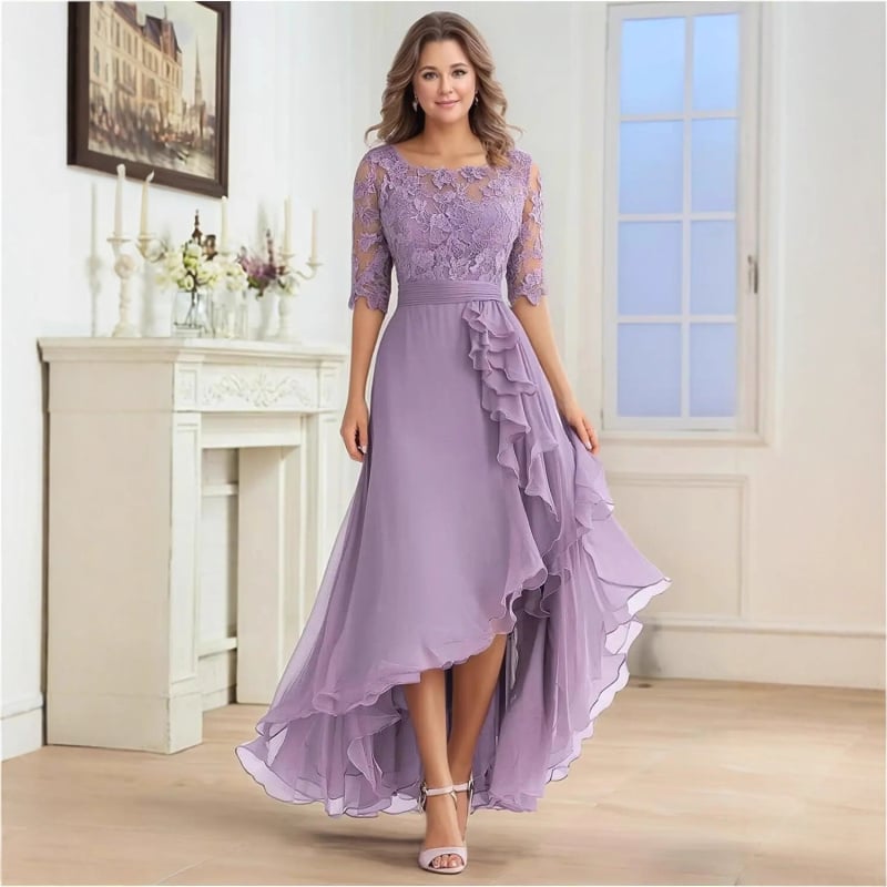 Δαντελένιο βραδινό φόρεμα, ντεκολτέ ενός ώμου, κοντά μανίκια, μακρύ φόρεμα σε γραμμή Α, ψηλή μέση, πολυεστέρας