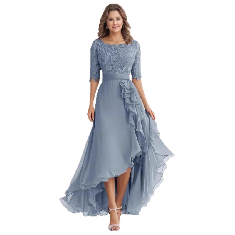 Δαντελένιο βραδινό φόρεμα, ντεκολτέ ενός ώμου, κοντά μανίκια, μακρύ φόρεμα σε γραμμή Α, ψηλή μέση, πολυεστέρας