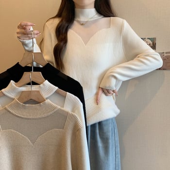 Pulover tricotat cu glugă, guler semi-turtă, material viscose, căptușeală groasă din fleece, mâneci lungi (toamna 2025)