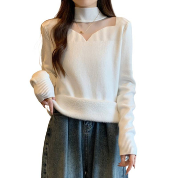 Pulover tricotat cu glugă, guler semi-turtă, material viscose, căptușeală groasă din fleece, mâneci lungi (toamna 2025)