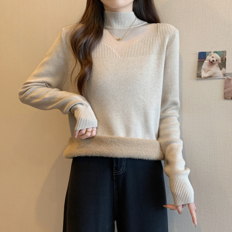 Pulover tricotat cu glugă, guler semi-turtă, material viscose, căptușeală groasă din fleece, mâneci lungi (toamna 2025)