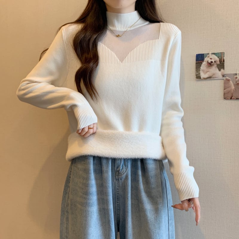 Pulover tricotat cu glugă, guler semi-turtă, material viscose, căptușeală groasă din fleece, mâneci lungi (toamna 2025)