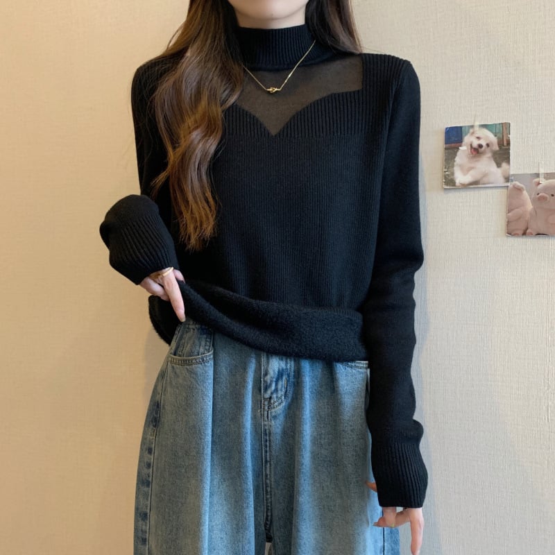 Pulover tricotat cu glugă, guler semi-turtă, material viscose, căptușeală groasă din fleece, mâneci lungi (toamna 2025)