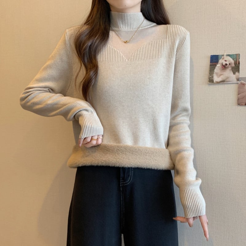 Pulover tricotat cu glugă, guler semi-turtă, material viscose, căptușeală groasă din fleece, mâneci lungi (toamna 2025)