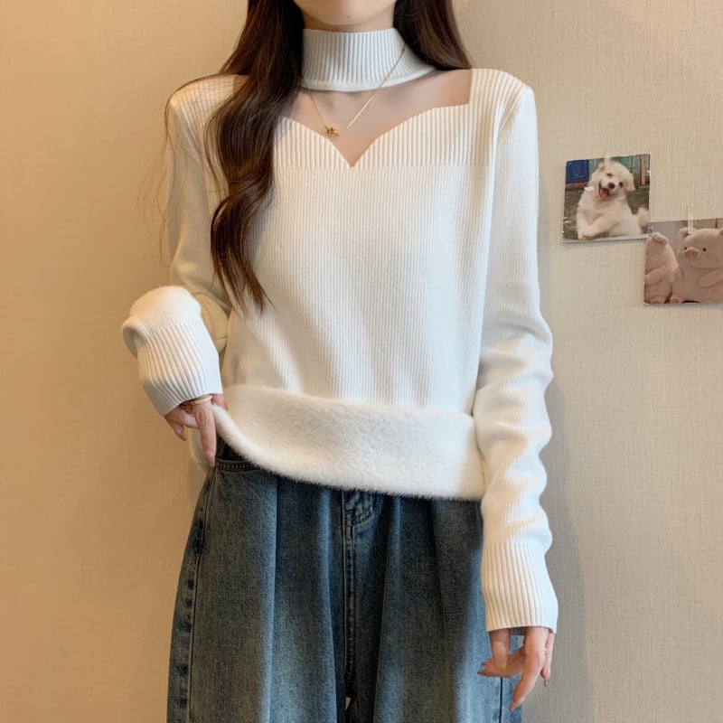 Pulover tricotat cu glugă, guler semi-turtă, material viscose, căptușeală groasă din fleece, mâneci lungi (toamna 2025)