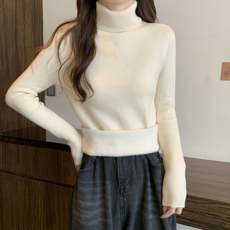 Pulover tricotat cu glugă, guler semi-turtă, material viscose, căptușeală groasă din fleece, mâneci lungi (toamna 2025)