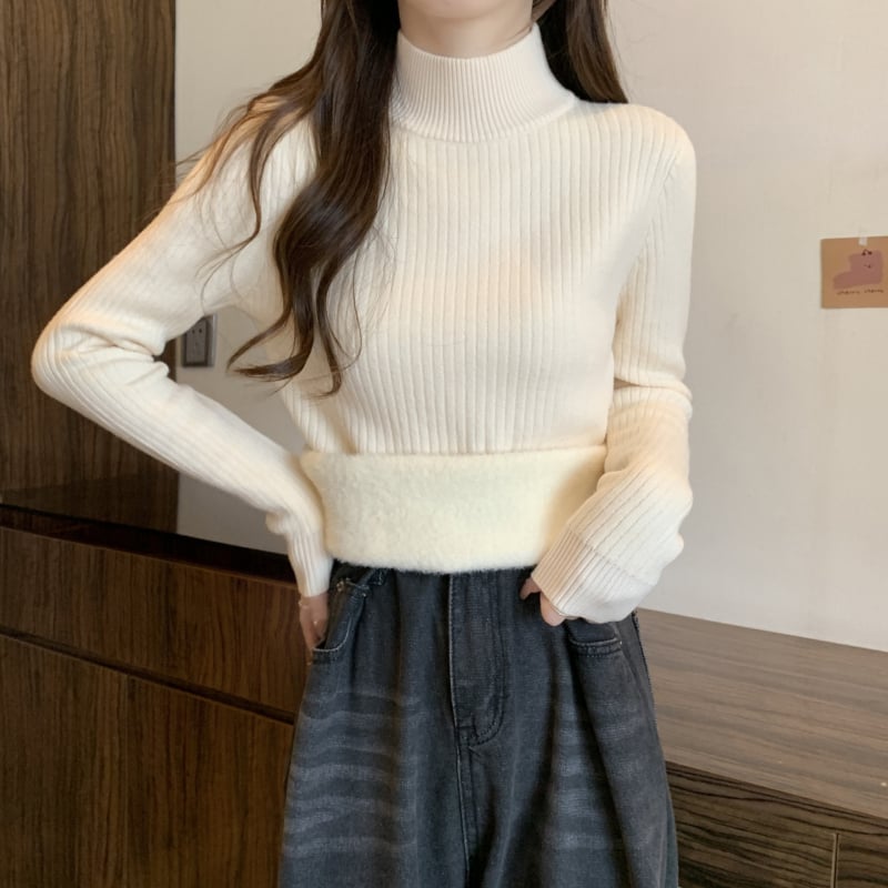 Pulover tricotat cu glugă, guler semi-turtă, material viscose, căptușeală groasă din fleece, mâneci lungi (toamna 2025)