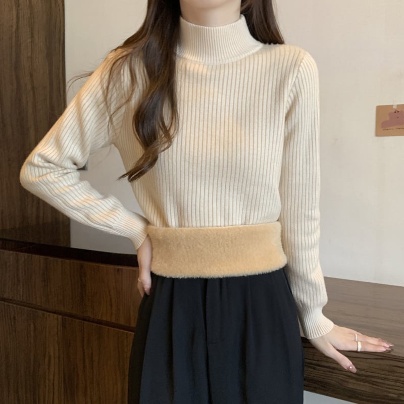 Pulover tricotat cu glugă, guler semi-turtă, material viscose, căptușeală groasă din fleece, mâneci lungi (toamna 2025)