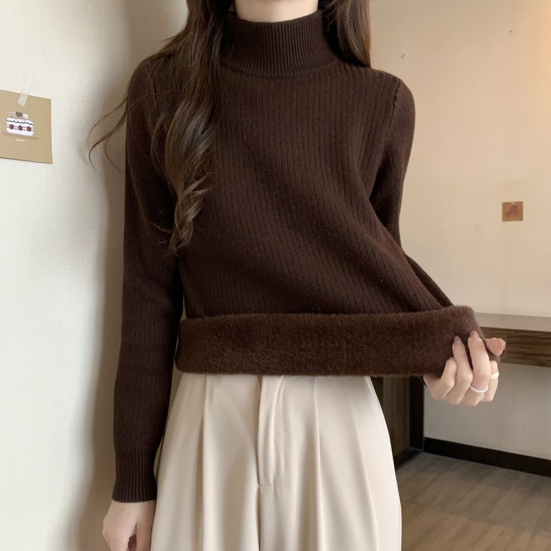 Pulover tricotat cu glugă, guler semi-turtă, material viscose, căptușeală groasă din fleece, mâneci lungi (toamna 2025)