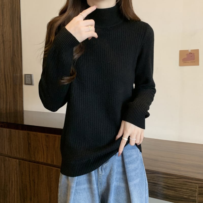 Pulover tricotat cu glugă, guler semi-turtă, material viscose, căptușeală groasă din fleece, mâneci lungi (toamna 2025)