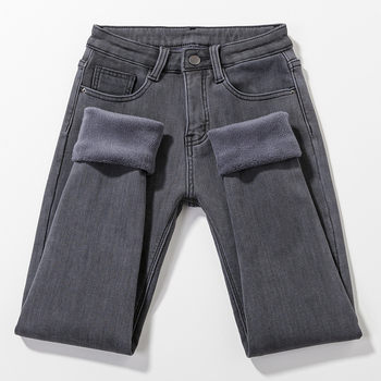 Kõrge vöökohaga teksad, denimist, pliiatsilõikega, paks kangas