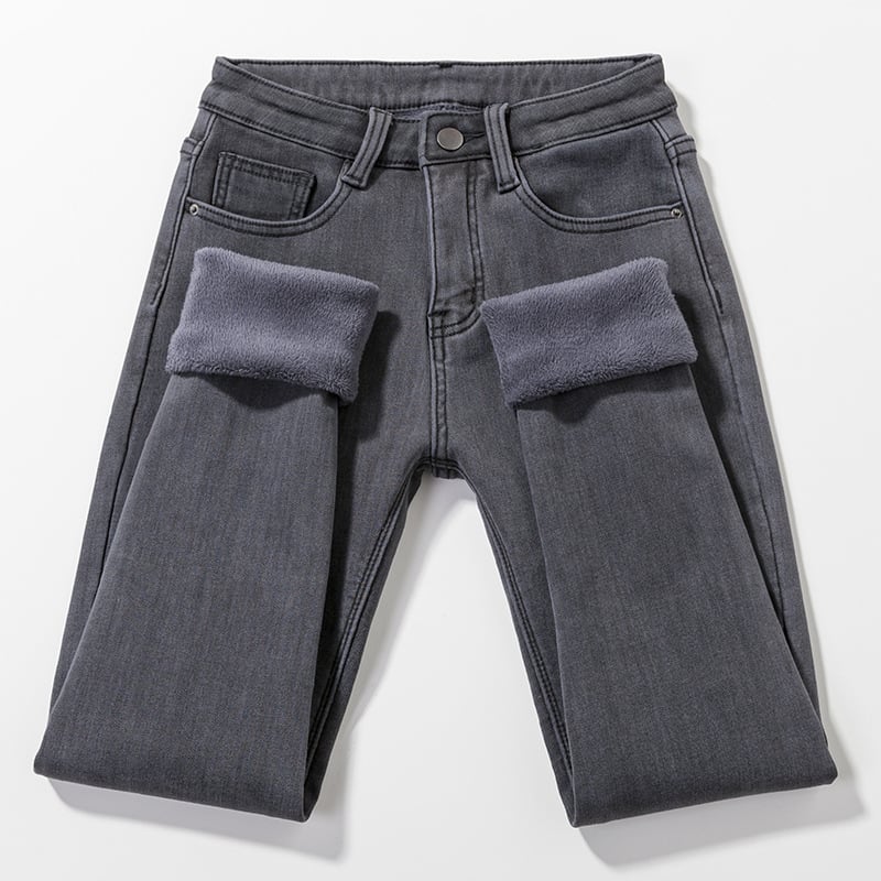 Kõrge vöökohaga teksad, denimist, pliiatsilõikega, paks kangas