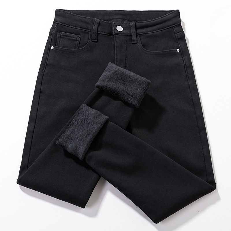 Kõrge vöökohaga teksad, denimist, pliiatsilõikega, paks kangas