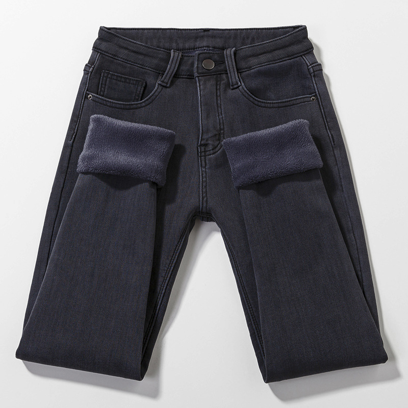 Kõrge vöökohaga teksad, denimist, pliiatsilõikega, paks kangas