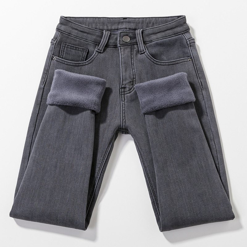 Kõrge vöökohaga teksad, denimist, pliiatsilõikega, paks kangas