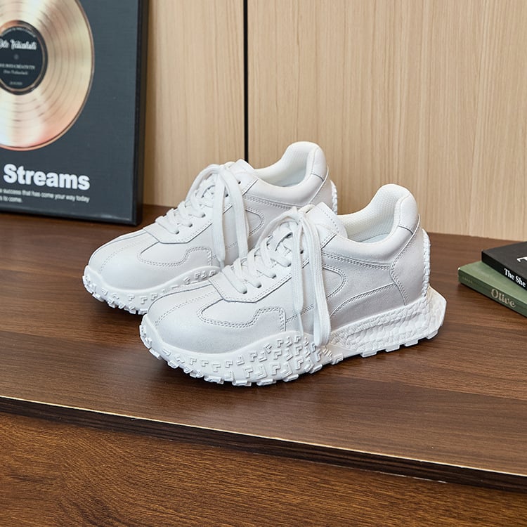 Sieviešu platformas treniņapavi — Slēpts 7 cm pacēlums, augšējā daļa vidēji augsta virs potītes, Augšējā materiāla: cūku āda + sintētiskā āda + audums, Iekšējā zole: cūku āda + latekss, Zole: gumija