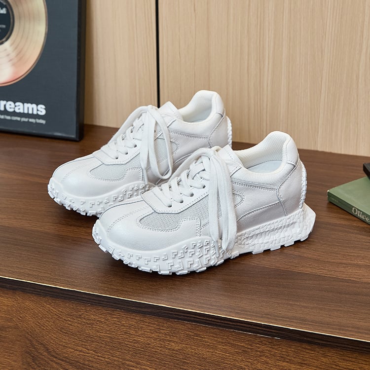 Sieviešu platformas treniņapavi — Slēpts 7 cm pacēlums, augšējā daļa vidēji augsta virs potītes, Augšējā materiāla: cūku āda + sintētiskā āda + audums, Iekšējā zole: cūku āda + latekss, Zole: gumija