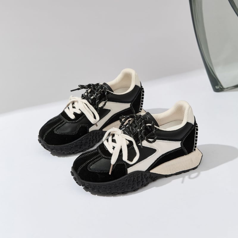 Sieviešu platformas treniņapavi — Slēpts 7 cm pacēlums, augšējā daļa vidēji augsta virs potītes, Augšējā materiāla: cūku āda + sintētiskā āda + audums, Iekšējā zole: cūku āda + latekss, Zole: gumija