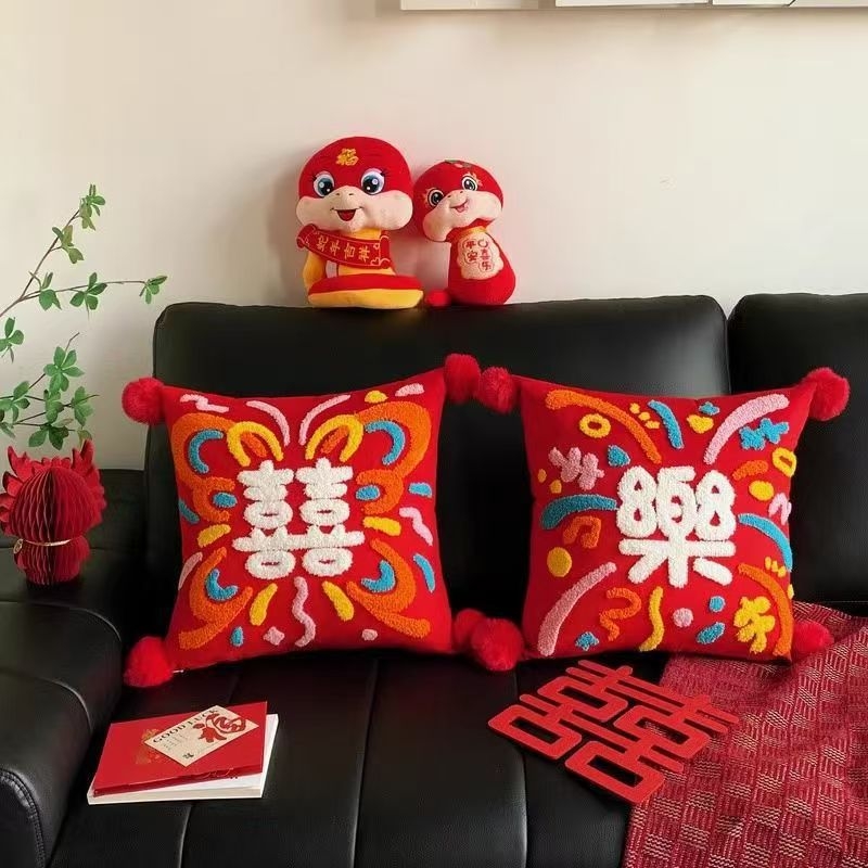 Baršunasti navlaka za jastuk s motivima svadbe, vatromet i znakovima blagoslova, dekor za dom